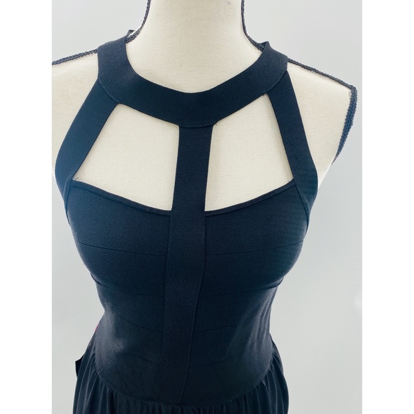 NWT Bebe 2-Fer Black Bandag/ Bodycon  Handkerchief Skirt Cutout Dress - Picture 3 of 15